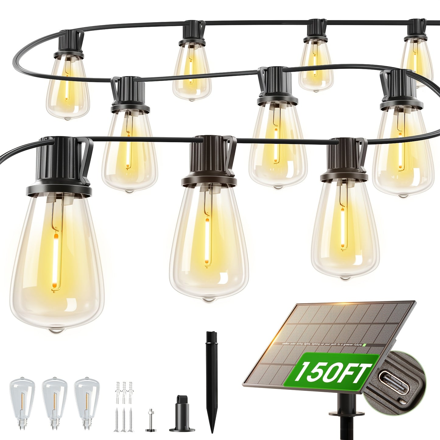 Solar LED String Lights, ST38 Edison Bulbs, Waterproof, 50–200ft