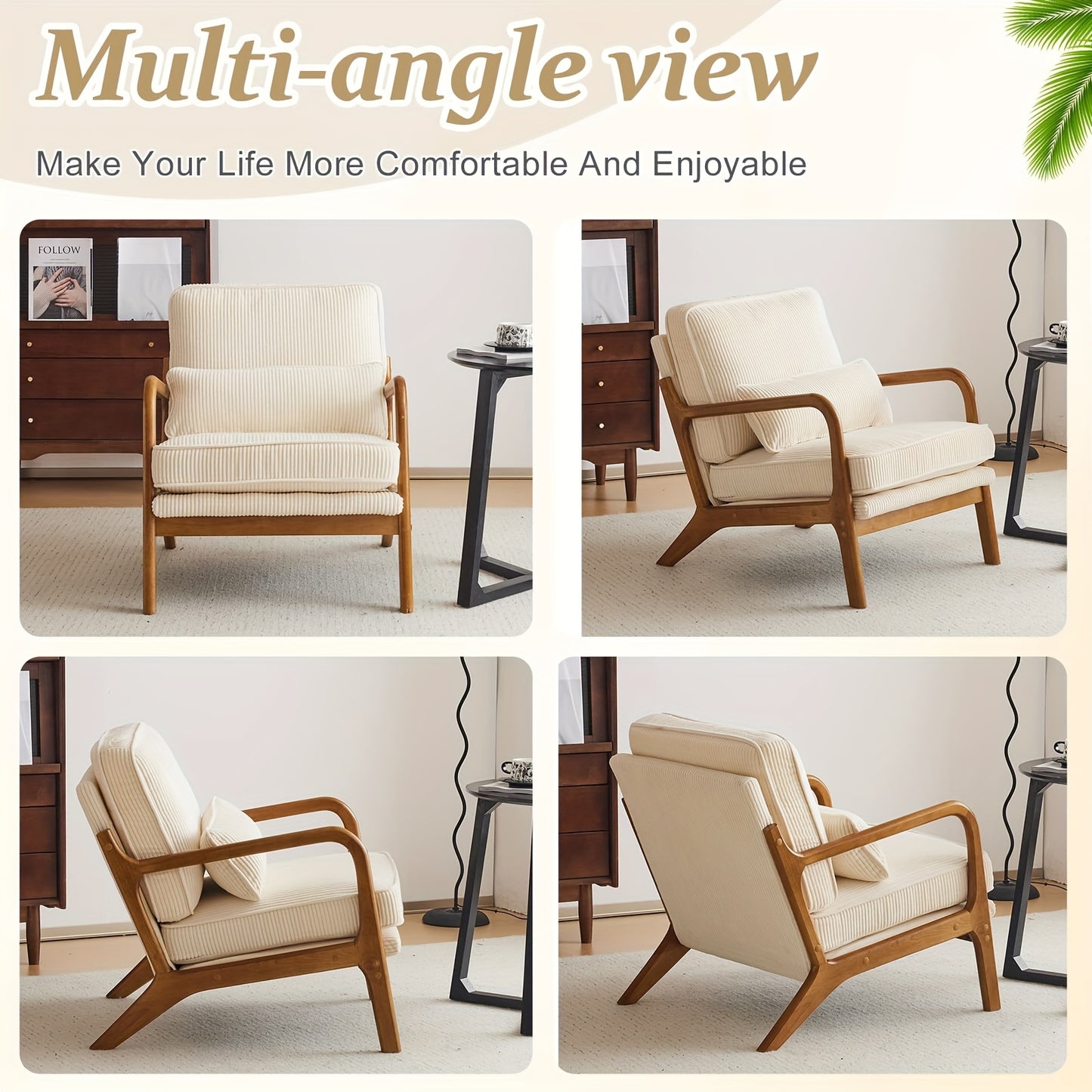 Mid-Century Accent Chair, Wide Armrests, Upholstered, with Pillow