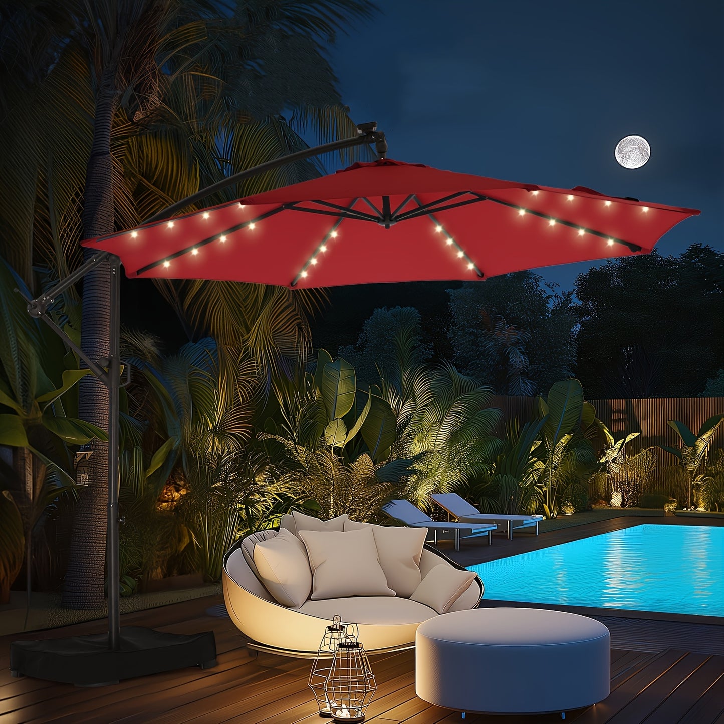 Solar LED Cantilever Patio Umbrella, 10ft, UPF50+, with Base