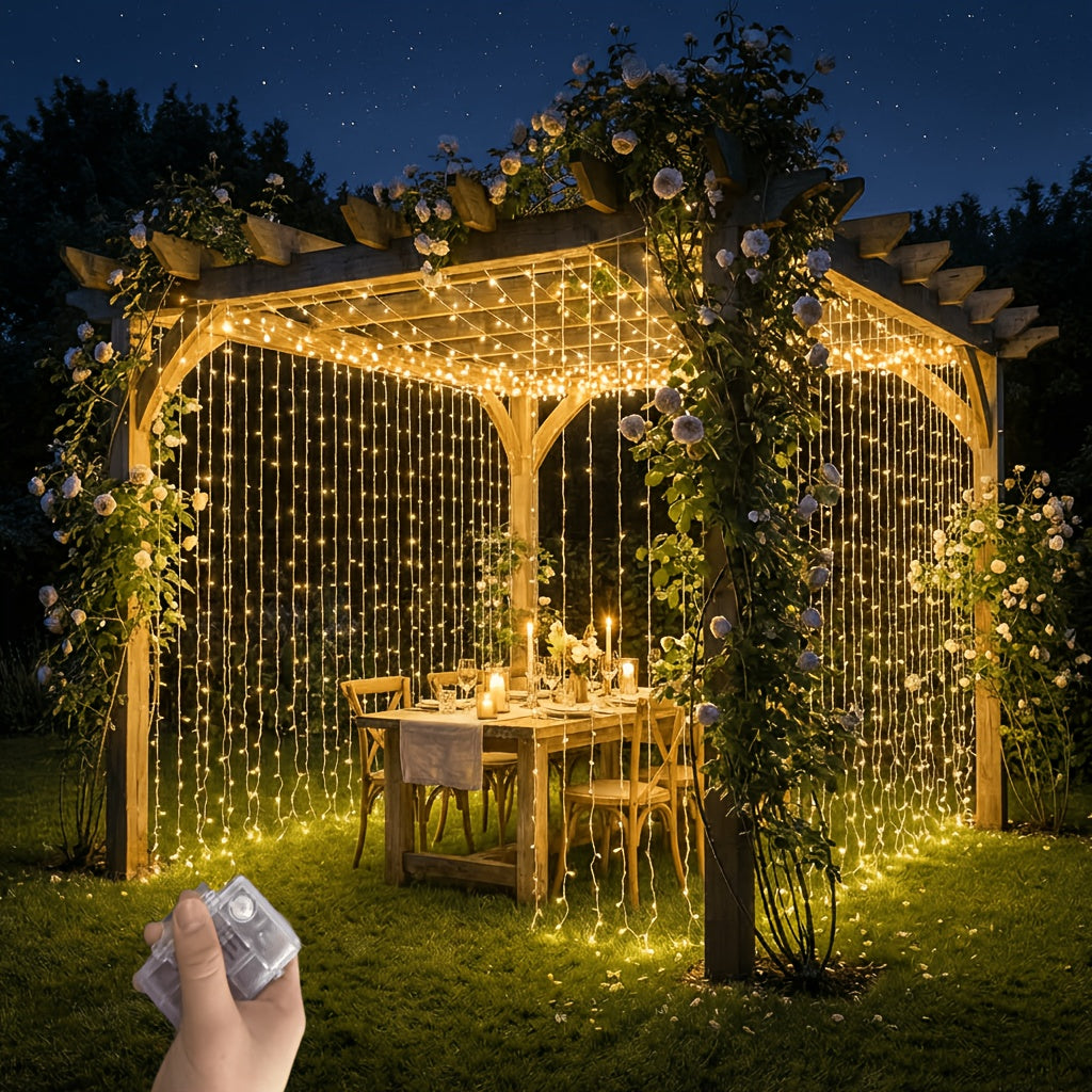 LED Waterfall Curtain Fairy Lights, 305 LEDs, 8 Modes, 10×10ft