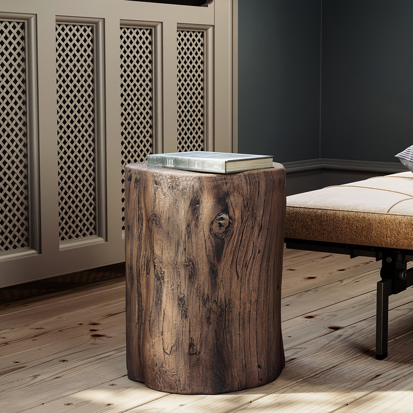Tree Stump Garden Side Table, 15", Faux Slate, Weather-Resistant