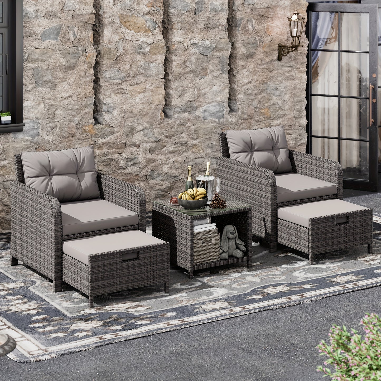 5-Piece Wicker Patio Set, Lounge Chairs, Ottomans & Glass Table
