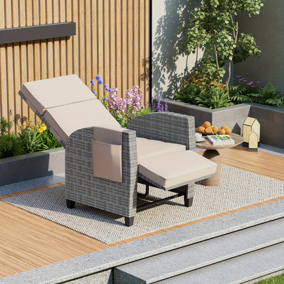 Wicker Outdoor Recliner, Lay-Flat, Flip Table, Push-Back Design