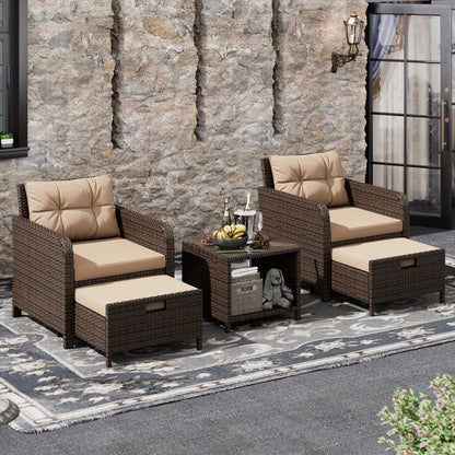 5-Piece Wicker Patio Set, Lounge Chairs, Ottomans & Glass Table