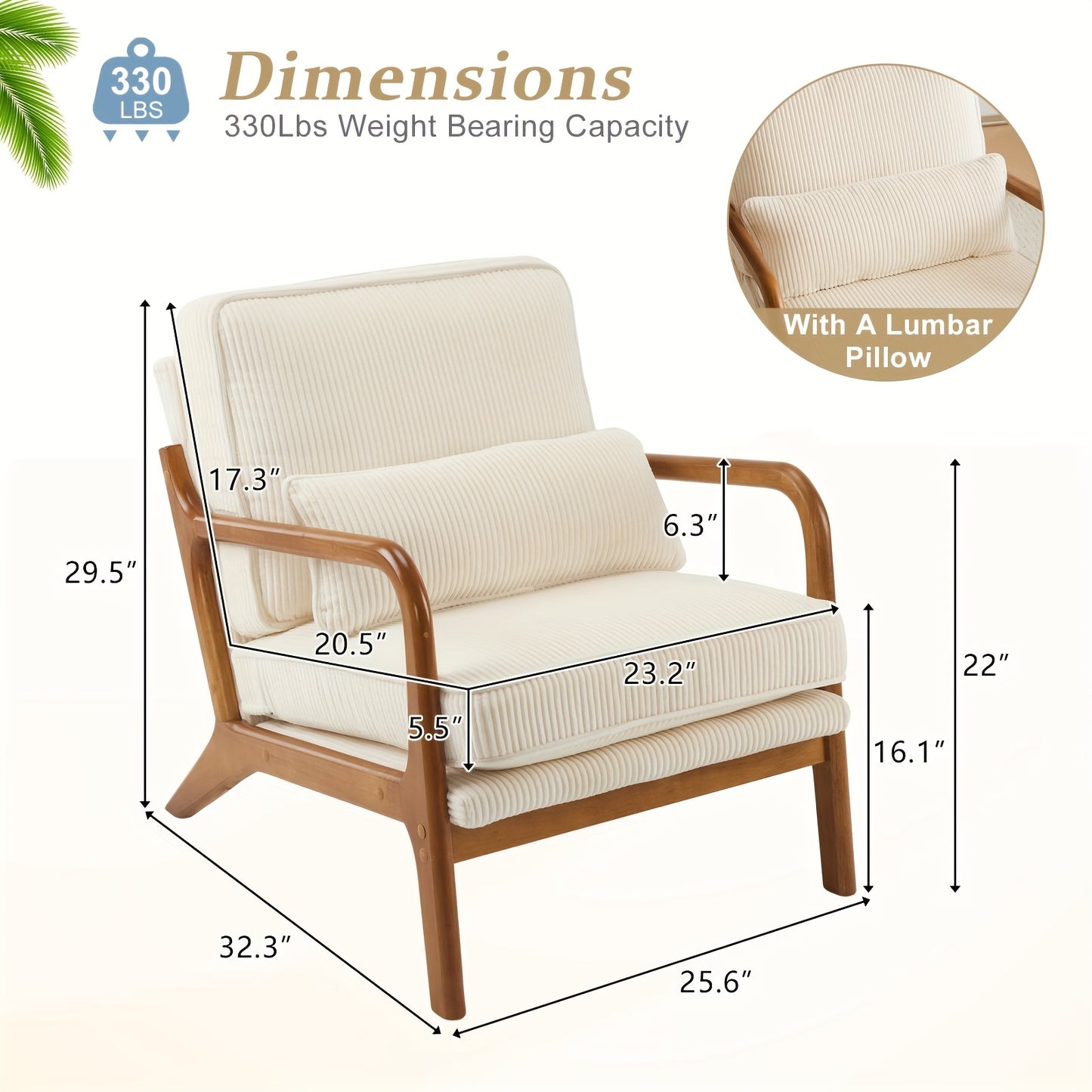 Mid-Century Accent Chair, Wide Armrests, Upholstered, with Pillow