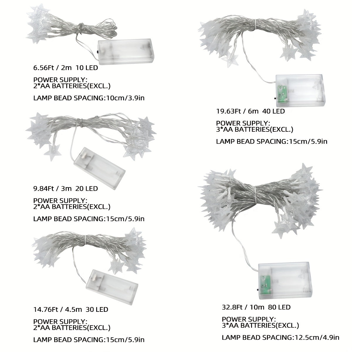 LED Star Fairy String Lights, Battery Powered, Warm White