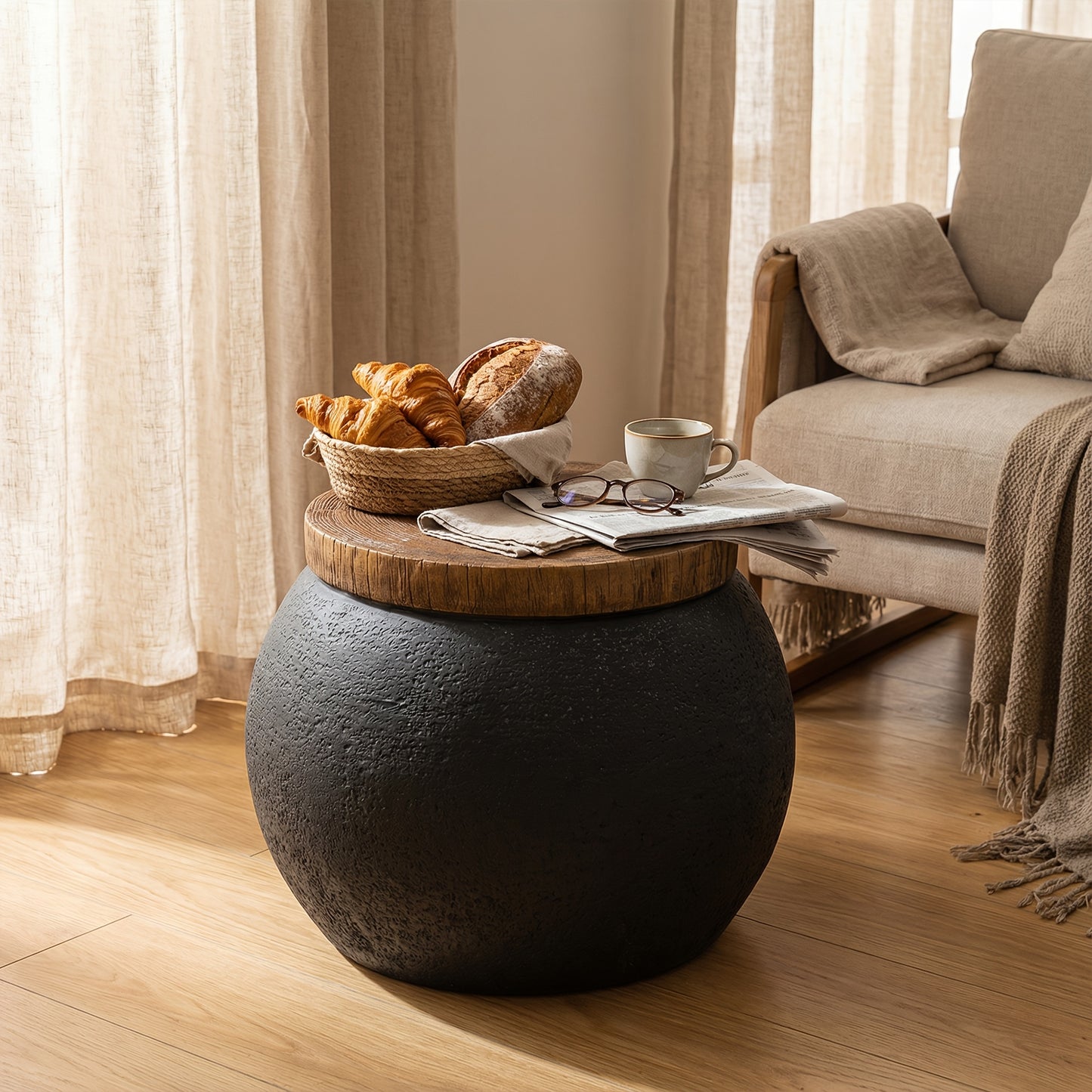 Concrete-Look Garden Side Table, 17", Wooden Top, Indoor/Outdoor