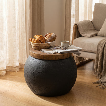 Concrete-Look Garden Side Table, 17", Wooden Top, Indoor/Outdoor