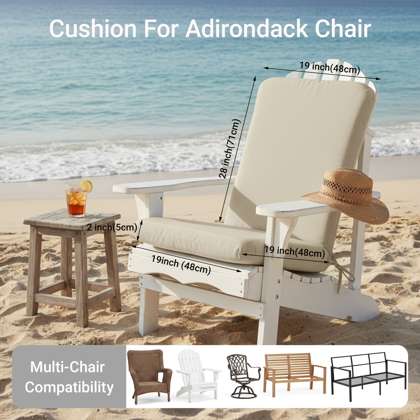 Adirondack Chair Cushion with Ties, Weatherproof, 2" Thick, Cream
