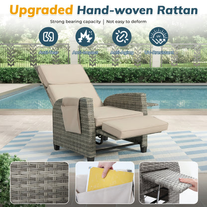 All-Weather Wicker Patio Recliner, Lay-Flat, Footrest & Side Table