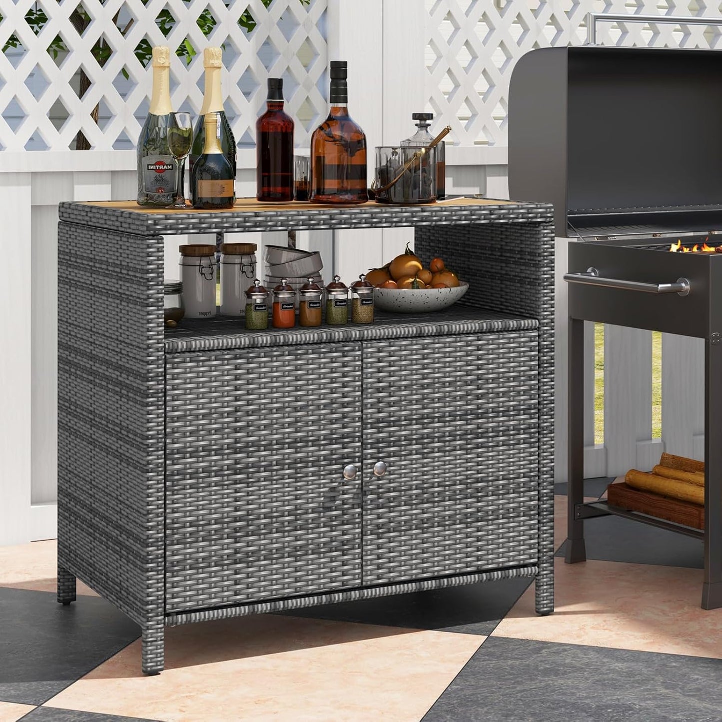 Rattan Outdoor Storage Cabinet, Acacia Countertop, 2-Door