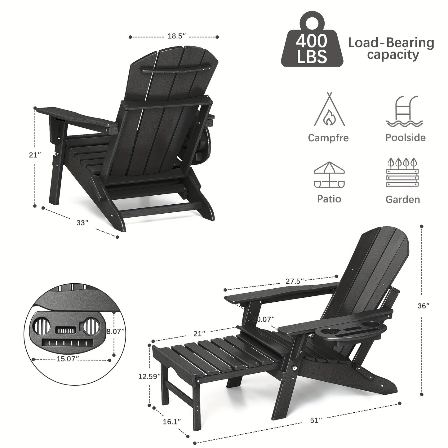 HDPE Adirondack Chair with Ottoman, Adjustable, All-Weather