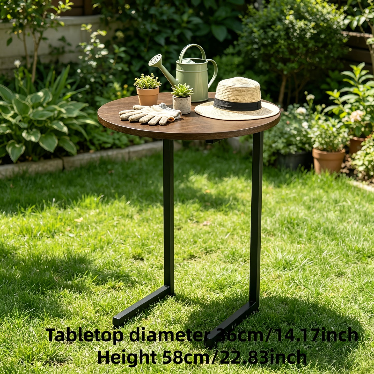 Marble-Look Round Outdoor Side Table, Double Shelf, Metal Frame