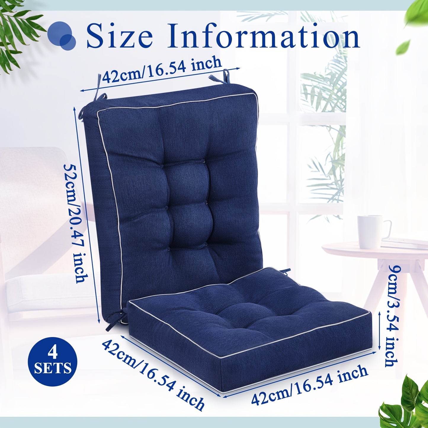 High-Back Outdoor Chair Cushions with Ties, Waterproof, 4-Pack