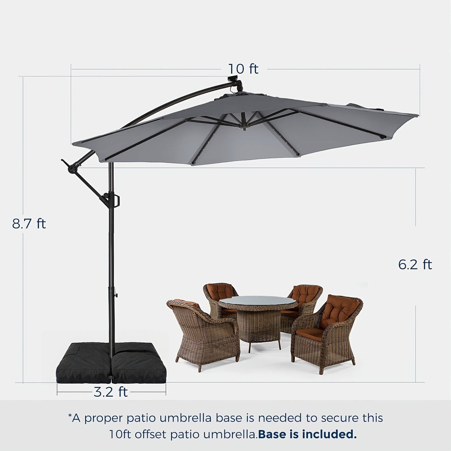 Solar LED Cantilever Patio Umbrella, 10ft, UPF50+, with Base