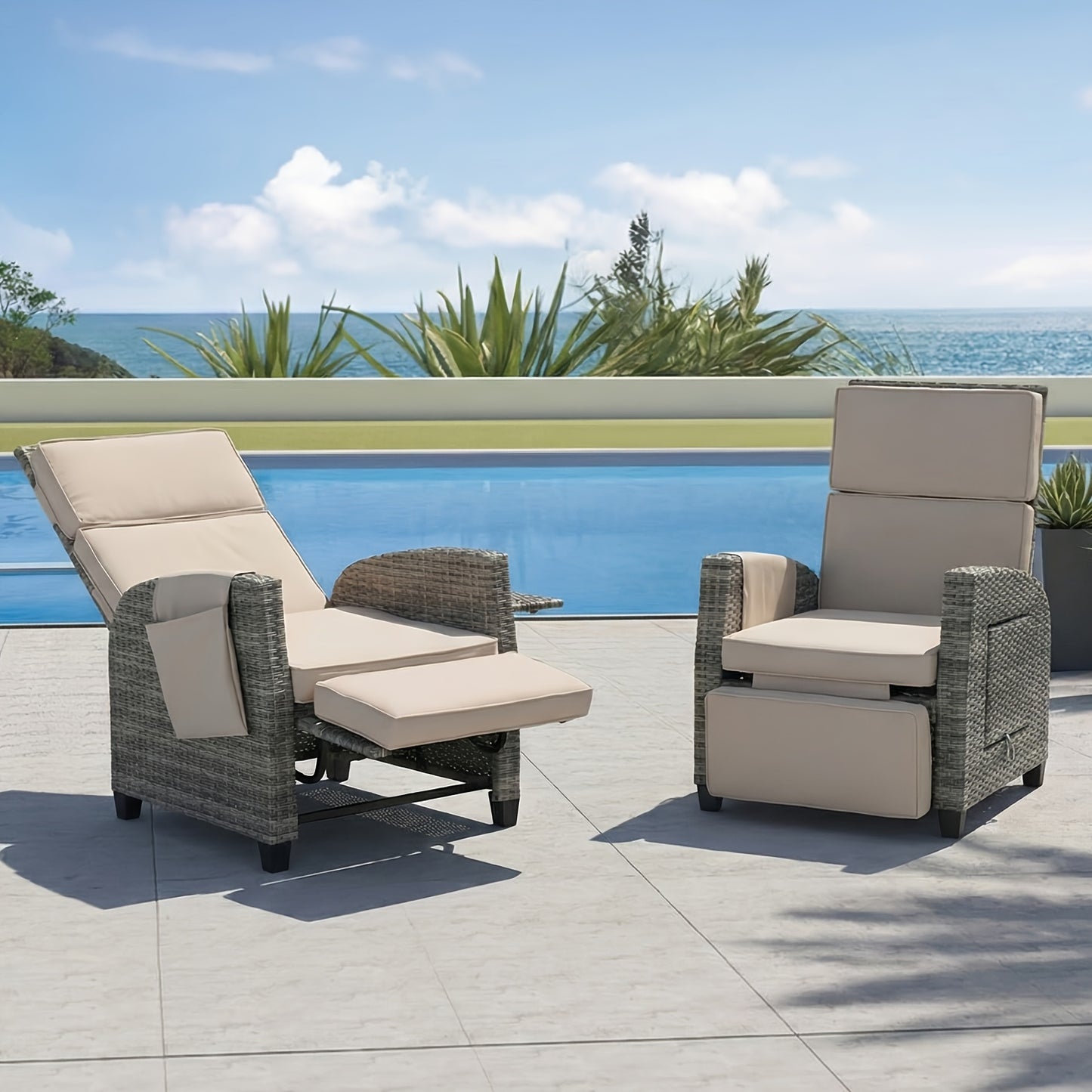 All-Weather Wicker Patio Recliner, Lay-Flat, Footrest & Side Table