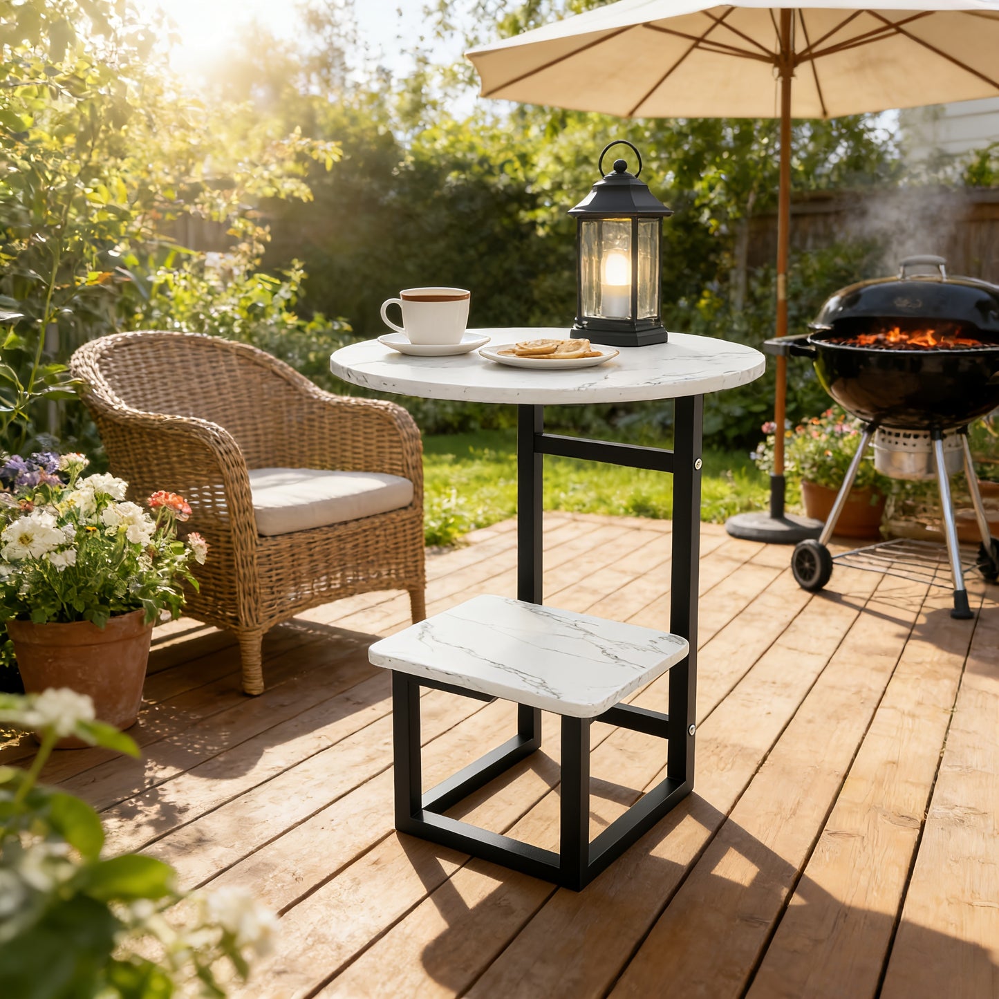 Marble-Look Round Outdoor Side Table, Double Shelf, Metal Frame