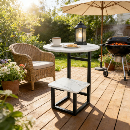 Marble-Look Round Outdoor Side Table, Double Shelf, Metal Frame