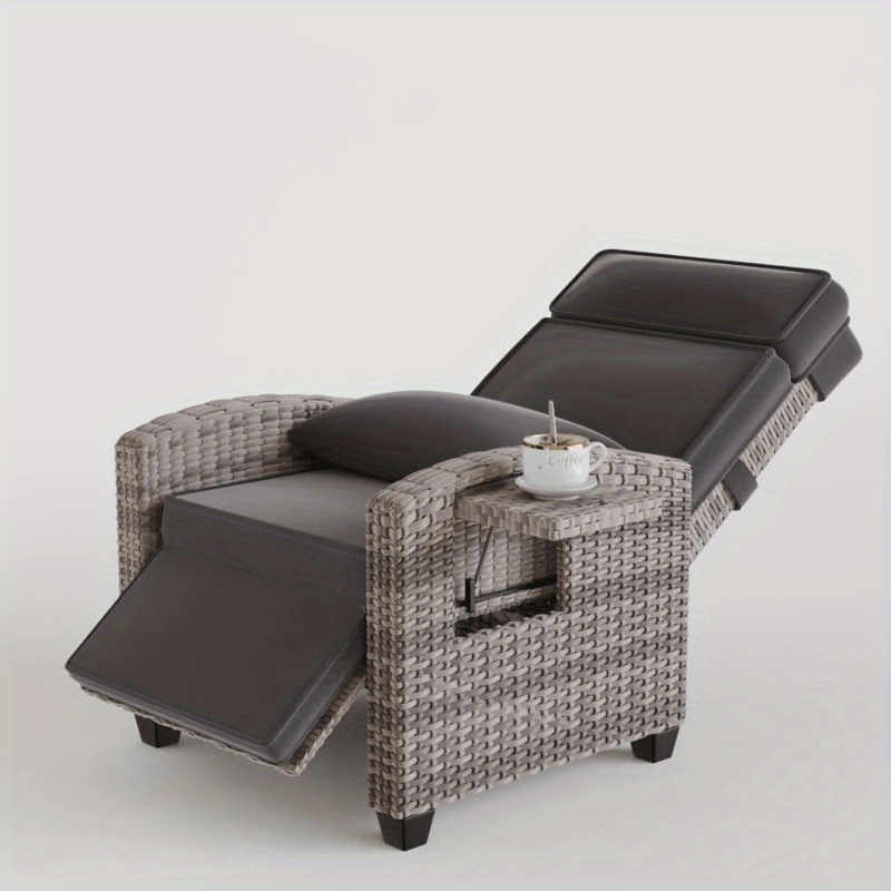 Rattan Patio Recliner, 150° Lay-Flat, Adjustable Footrest, Flip Table