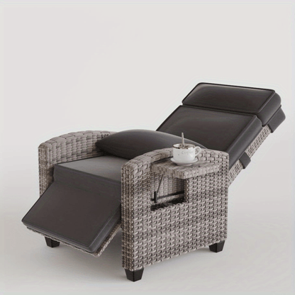 Rattan Patio Recliner, 150° Lay-Flat, Adjustable Footrest, Flip Table