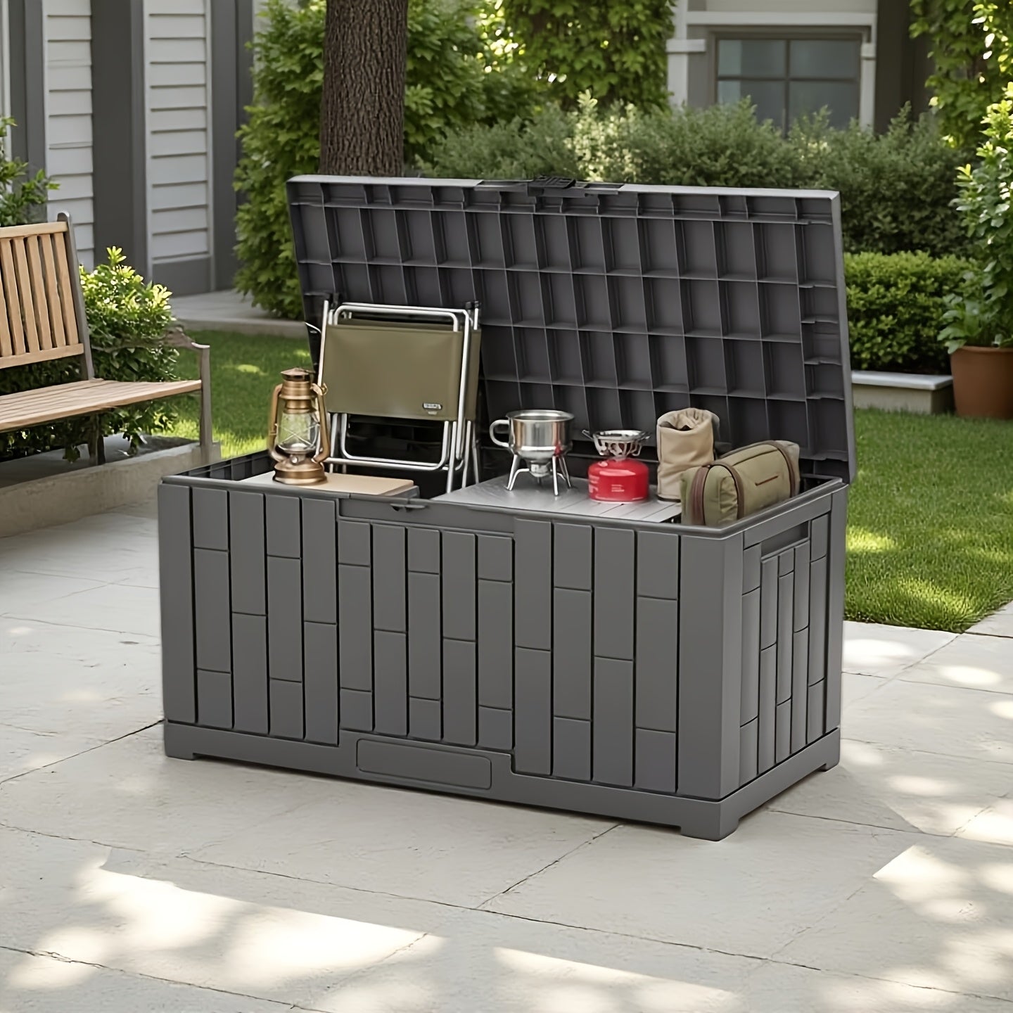 Outdoor Storage Bench, 31–60 Gallon, UV Resistant, Lockable