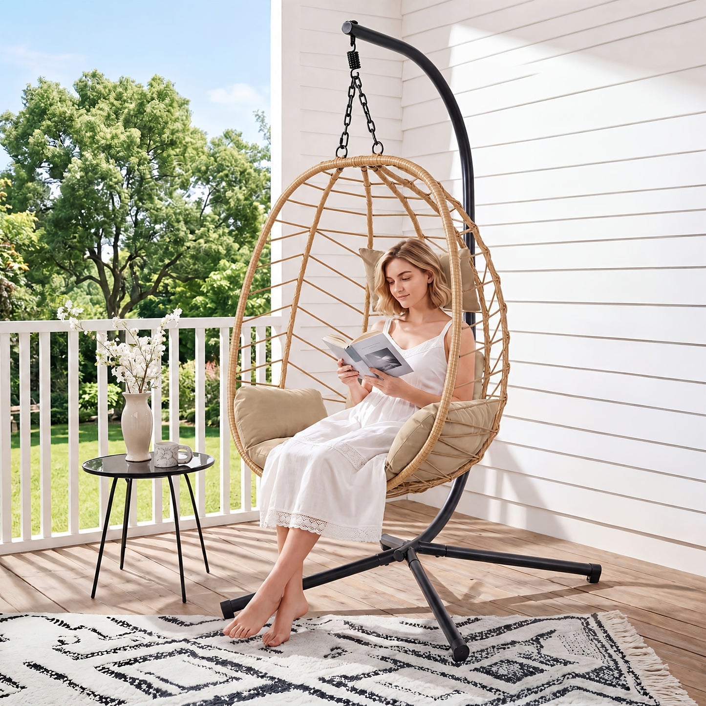 Rattan Wicker Egg Swing Chair with Stand, 350 lbs, Indoor/Outdoor