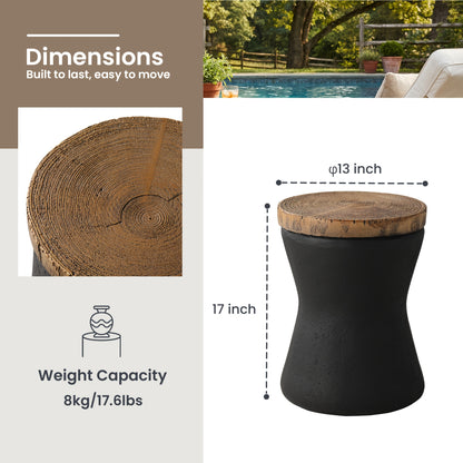 Concrete-Look Garden Side Table, 17", Wooden Top, Indoor/Outdoor