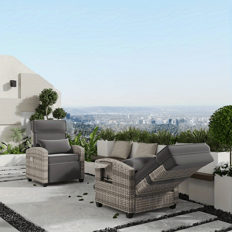 Rattan Patio Recliner, 150° Lay-Flat, Adjustable Footrest, Flip Table