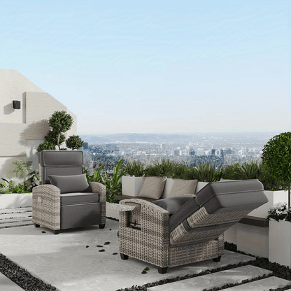 Rattan Patio Recliner, 150° Lay-Flat, Adjustable Footrest, Flip Table