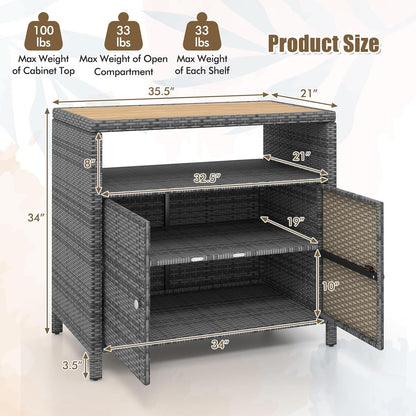 Rattan Outdoor Storage Cabinet, Acacia Countertop, 2-Door