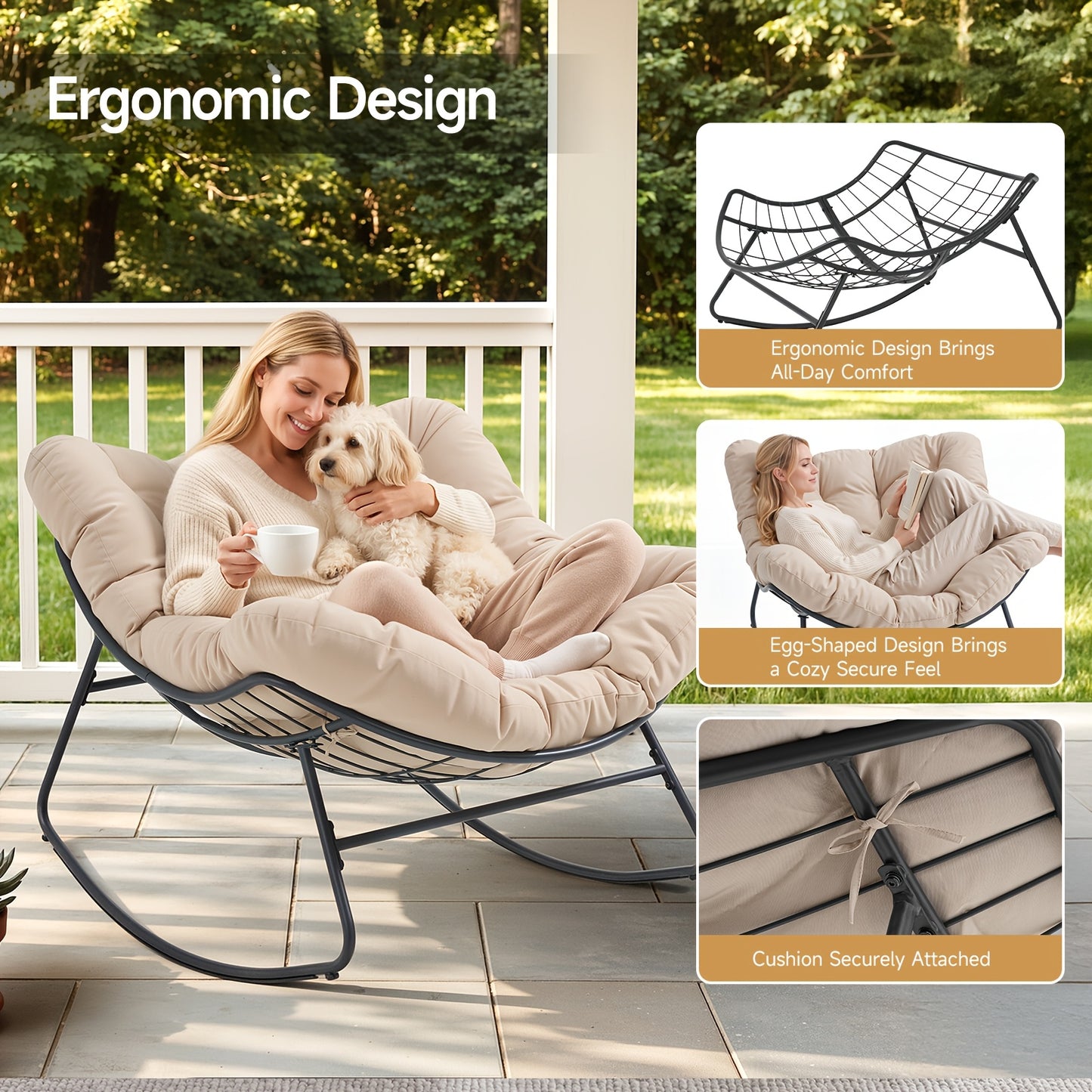 Oversized Papasan Rocking Chair, 450 lbs Capacity, Cushioned