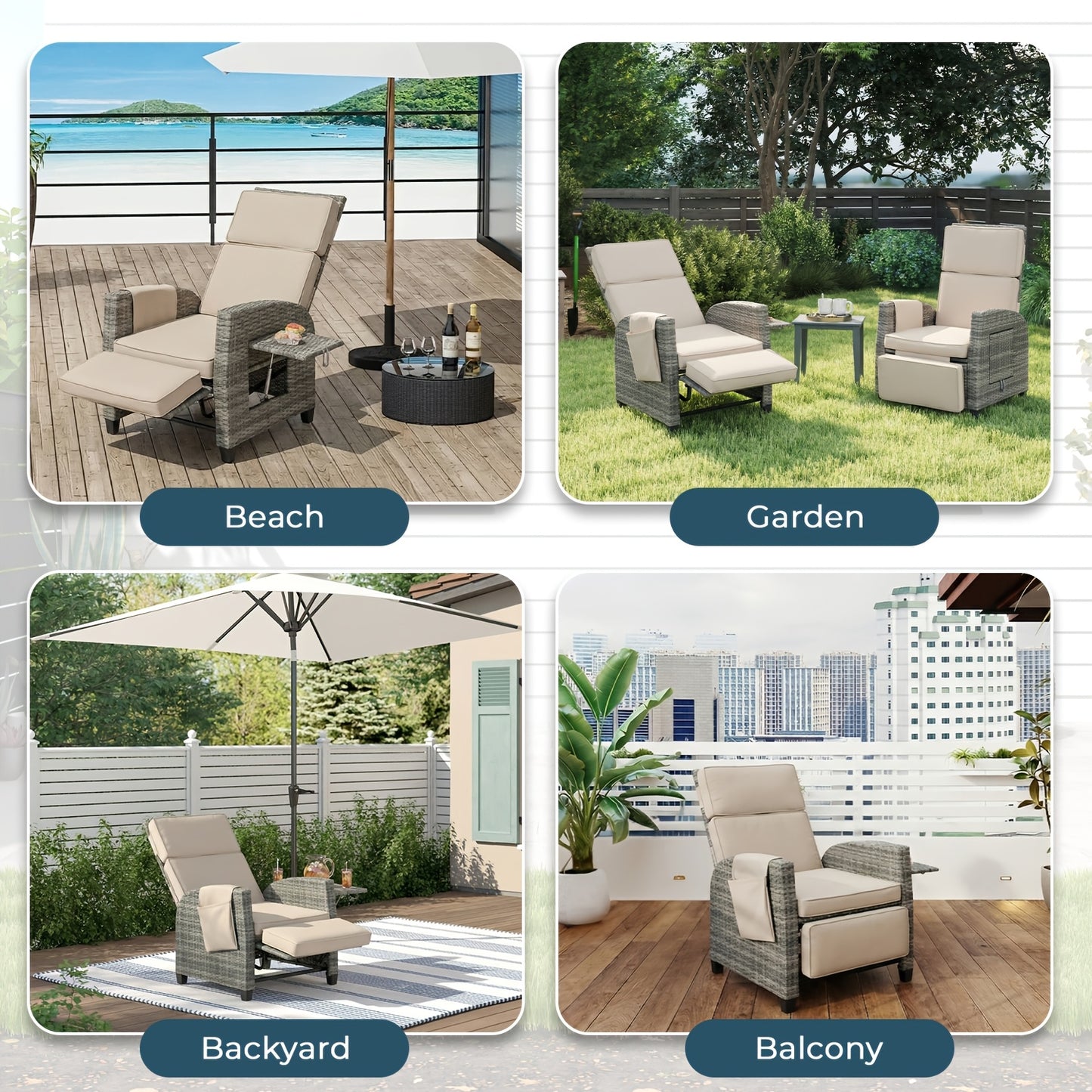 All-Weather Wicker Patio Recliner, Lay-Flat, Footrest & Side Table