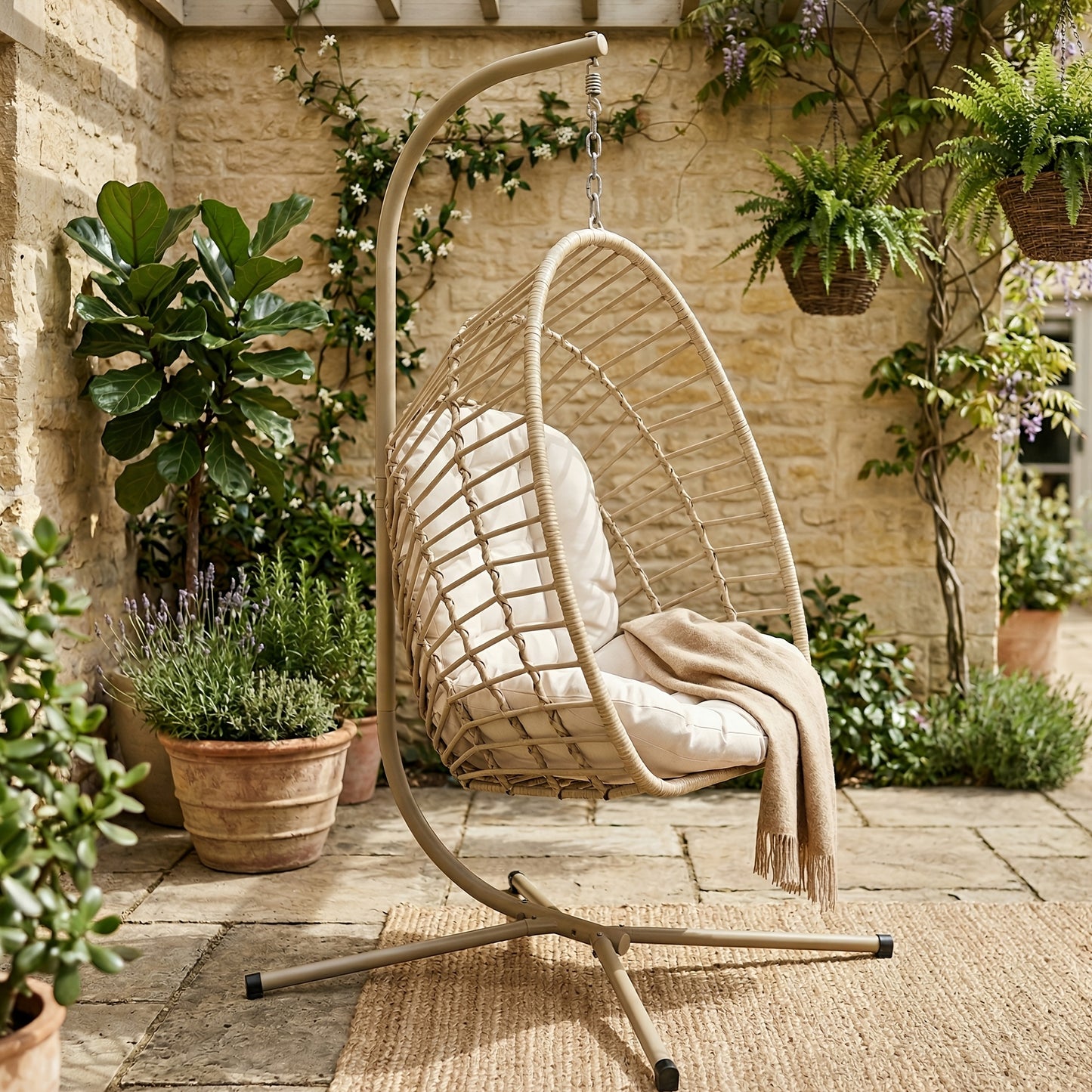 Hanging Rattan Egg Chair with Stand, Foldable, 350 lbs, Outdoor