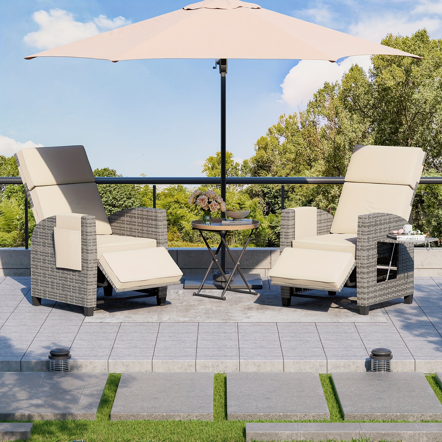 Wicker Outdoor Recliner, Lay-Flat, Flip Table, Push-Back Design