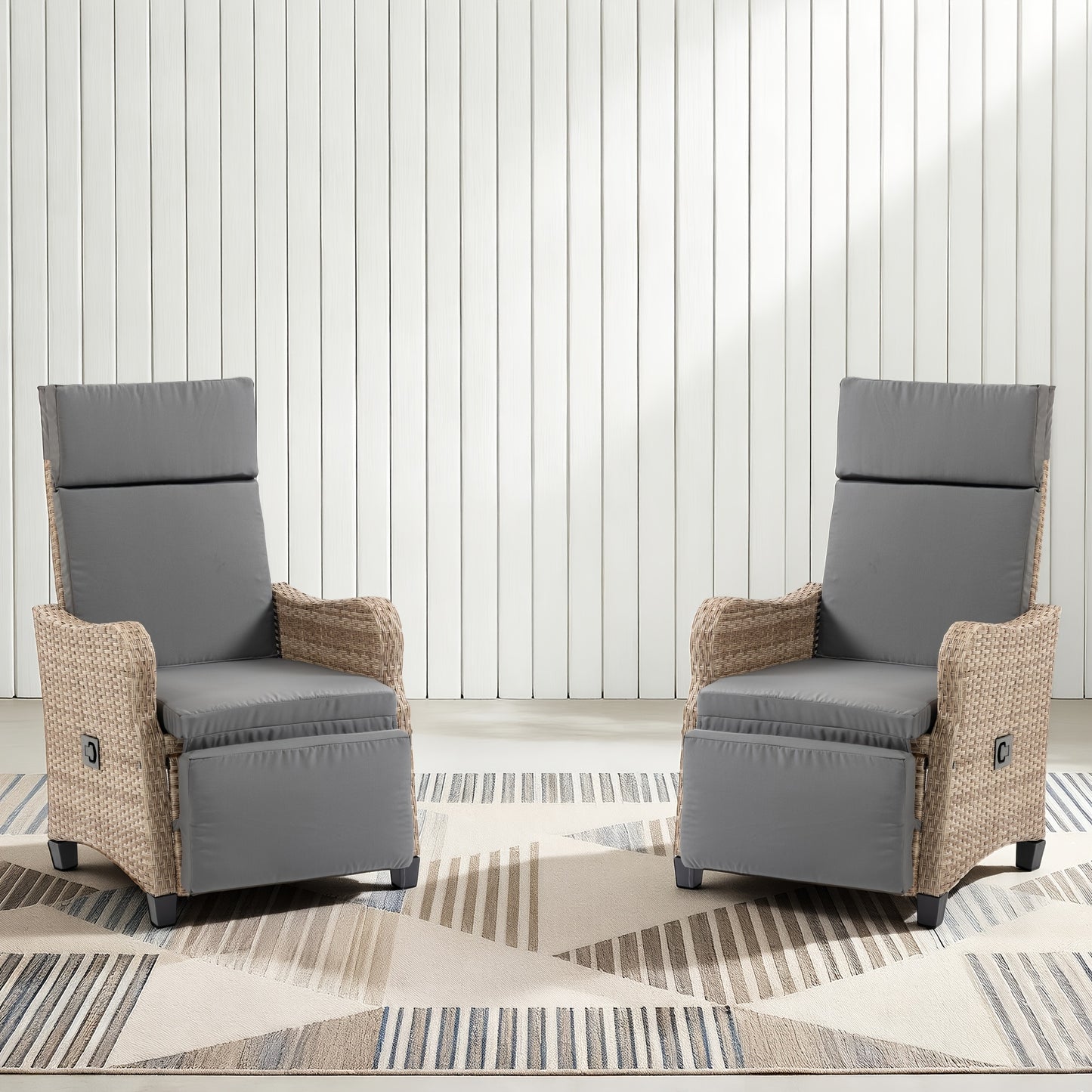 Rattan Recliner Chair Set of 2, 90–135° Adjustable, Rocking Footrest