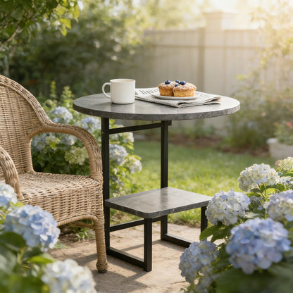 Marble-Look Round Outdoor Side Table, Double Shelf, Metal Frame