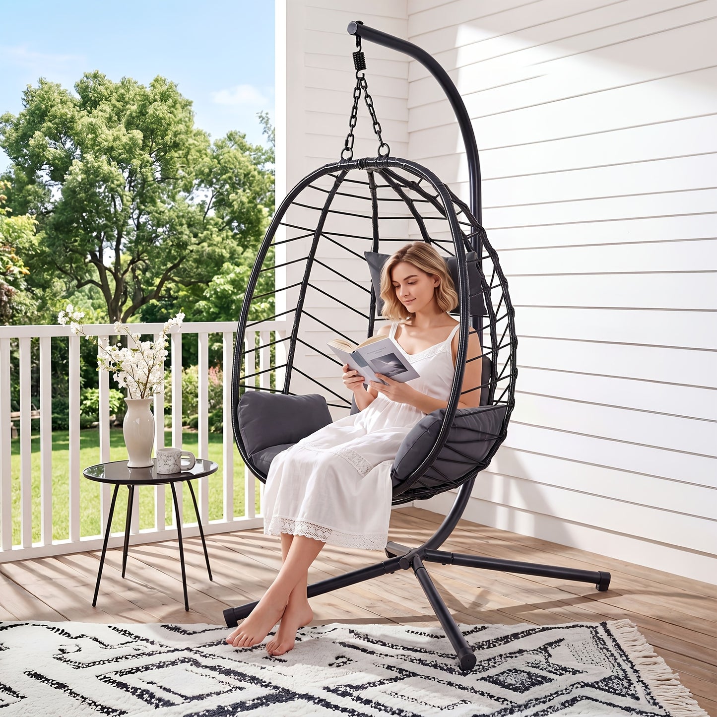 Rattan Wicker Egg Swing Chair with Stand, 350 lbs, Indoor/Outdoor