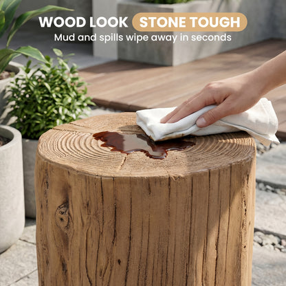 Tree Stump Garden Side Table, 15", Faux Slate, Weather-Resistant