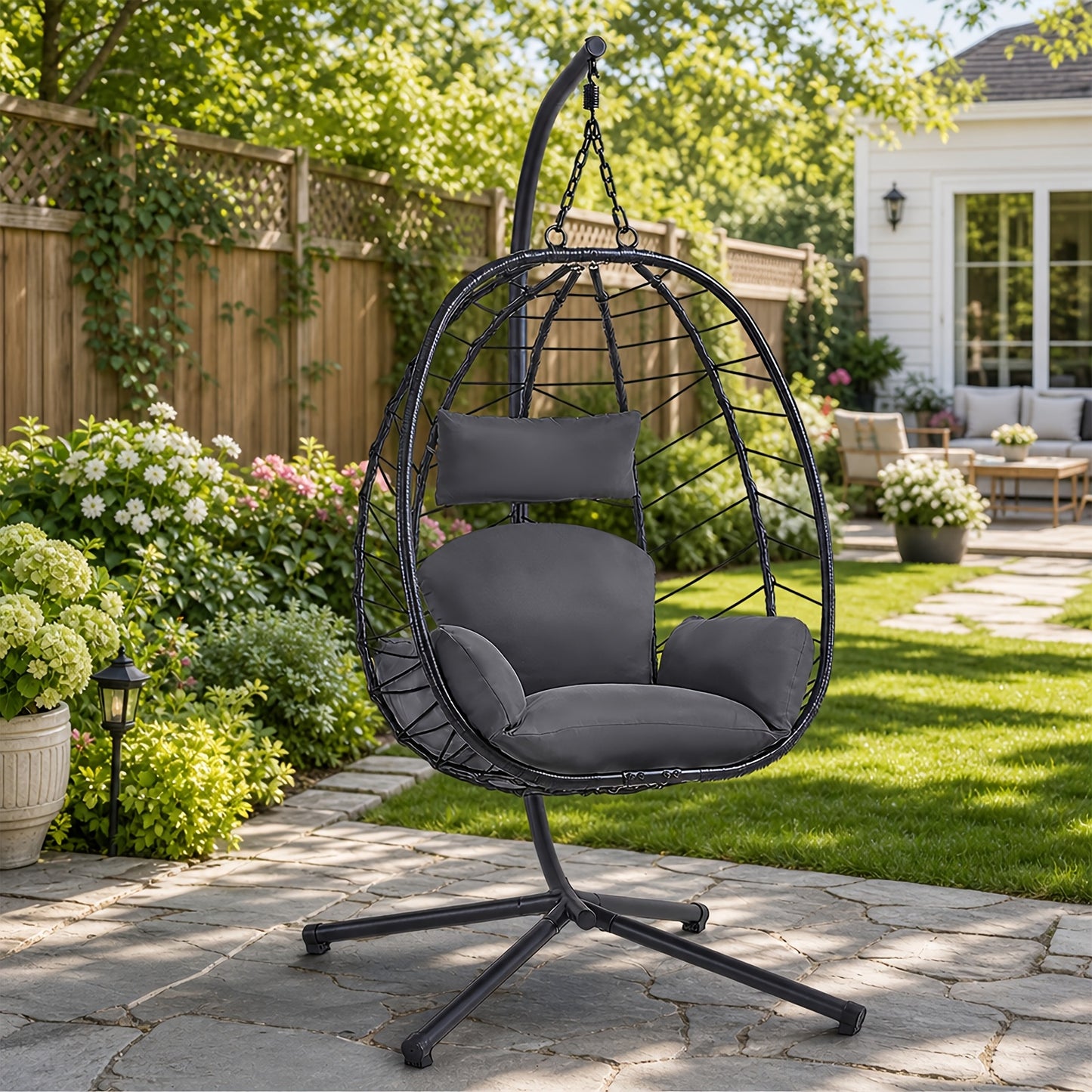 Rattan Wicker Egg Swing Chair with Stand, 350 lbs, Indoor/Outdoor