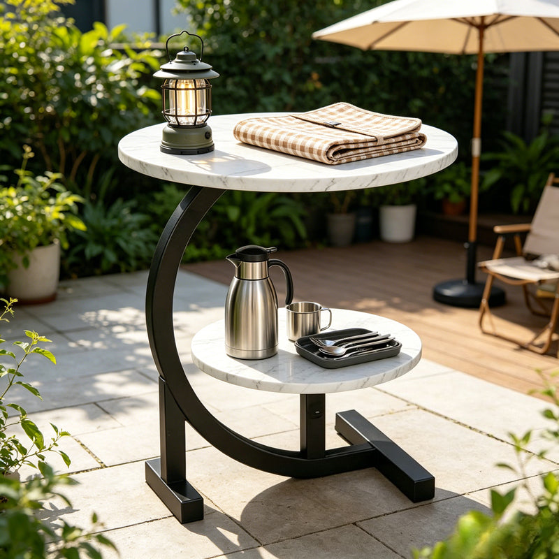 C-Shaped Patio Side Table, 2-Tier, Faux Marble, Metal Frame