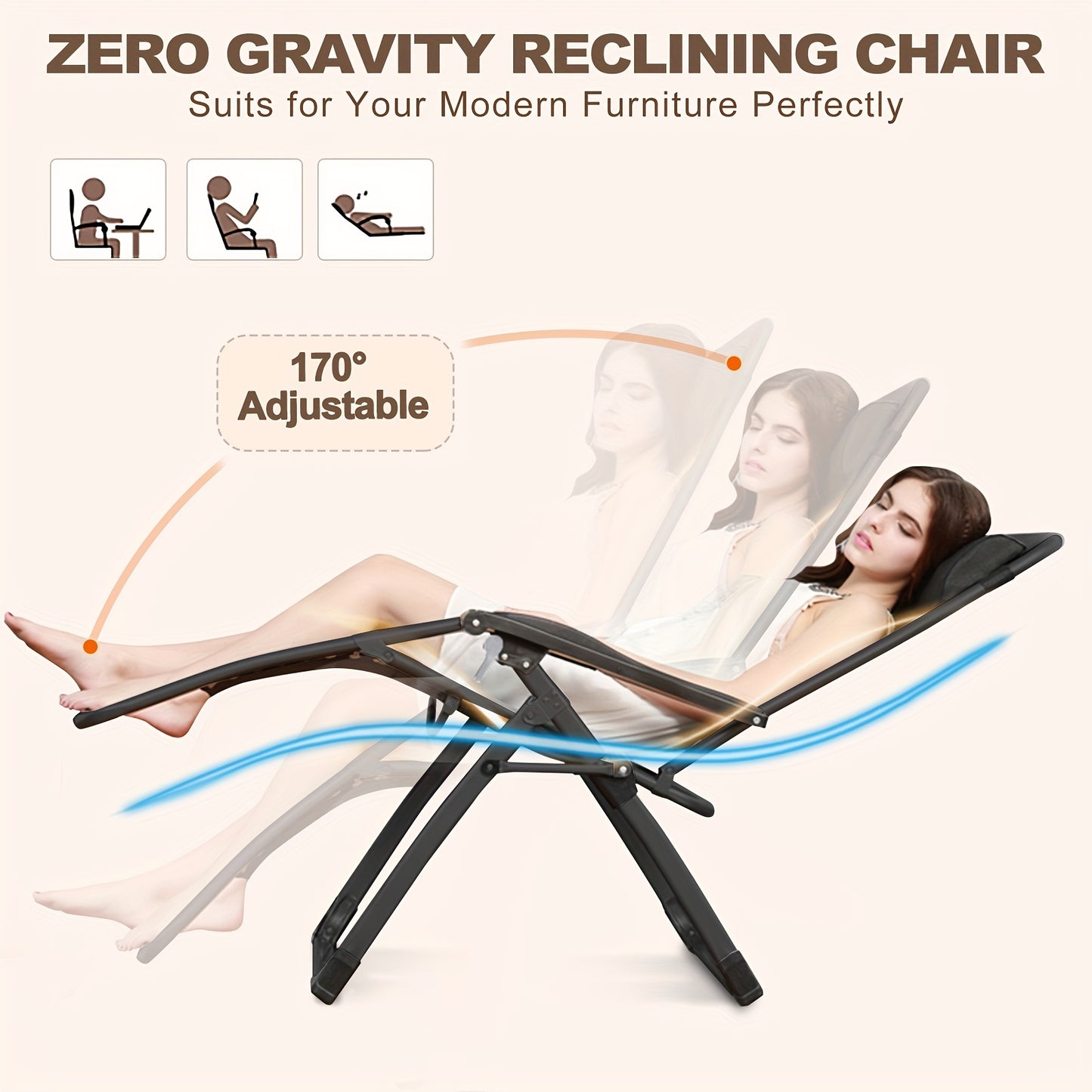 Zero Gravity Reclining Patio Chair, Folding, Cup Holder, Cushioned