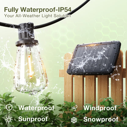 Solar LED String Lights, ST38 Edison Bulbs, Waterproof, 50–200ft
