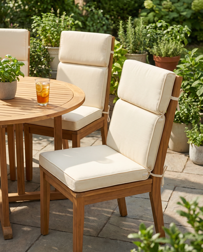 High-back beige patio cushions on teak chairs around a sunny garden dining table