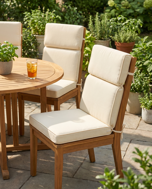 High-back beige patio cushions on teak chairs around a sunny garden dining table