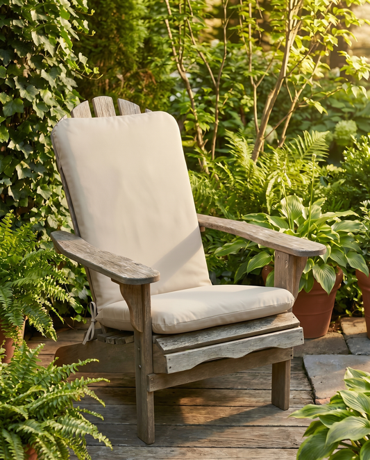 Cream Adirondack chair cushion on a weathered chair among garden ferns