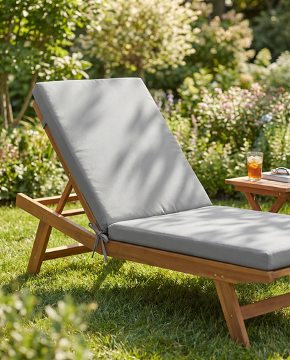 Grey lounge recliner cushion on a wooden folding chair on a sunny lawn