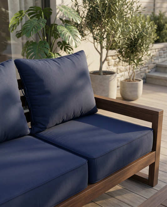 Navy deep-seat patio cushion set on a modern wooden outdoor sofa