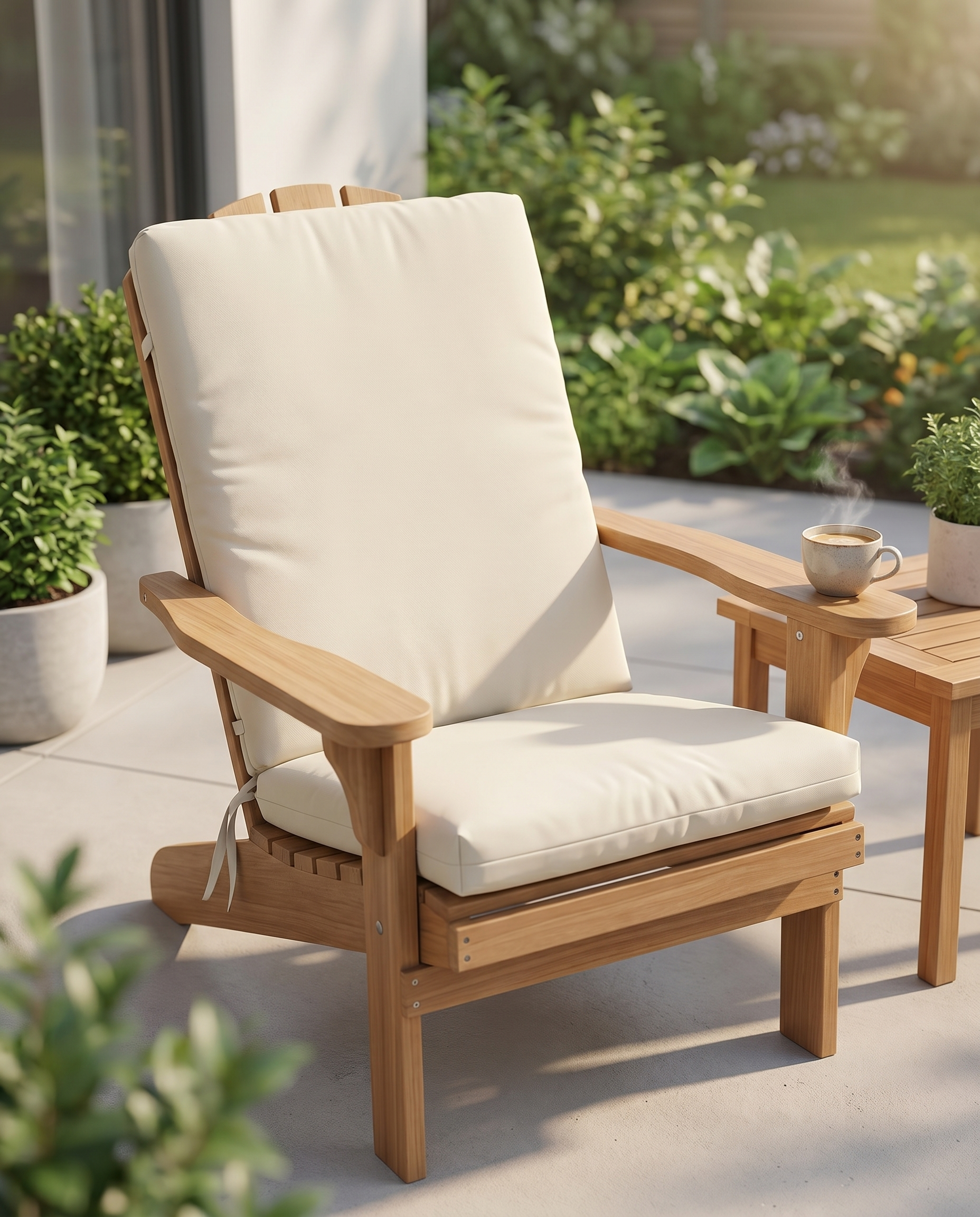 Cream Adirondack chair cushion with ties on a teak patio chair