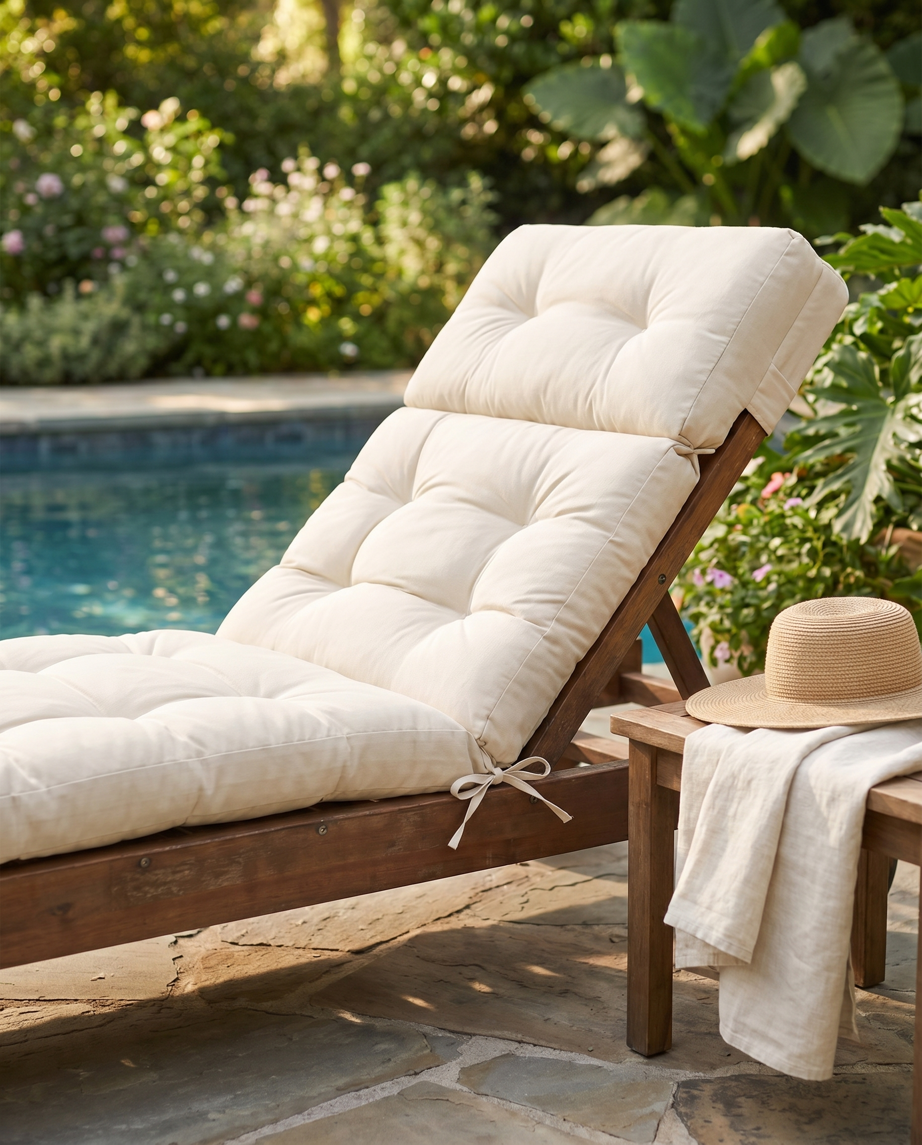 Cream tufted memory-foam lounge cushion on a wooden chaise by a pool