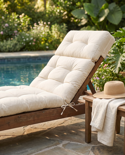 Cream tufted memory-foam lounge cushion on a wooden chaise by a pool